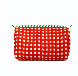 Red Checkered Cotton Cosmetic Bag Medium Size Zipper Closure Multi Function Makeup Organizer Simple Style Toiletry Bag - Product Image 5