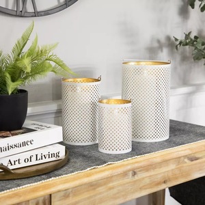 <b>Lantern</b> Set of 3 Metal Candle Holders <b>White</b> with Gold Cross Pattern Die Cutting Portable Home Decoration - Product Image 5