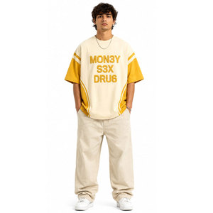 <b>Men's</b> Oversized Short Sleeve T-<b>Shirt</b> Cream Yellow Contrast Trim O-Neck Street Style Printed Letter Design Jersey Fabric - Product Image 2