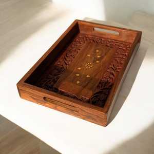 ถาดเสิร์ฟไม้ทำมือ ถาดตกแต่งลายดอกไม้ ถาดจัดระเบียบในครัวไม้ ถาดเสิร์ฟไม้ทรงสี่เหลี่ยม - Product Image 1