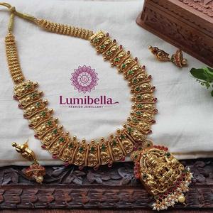 24K Gold Plated Temple Lakshmi Semi Bridal Necklace and Earring Set for Daily Wear - Product Image 4