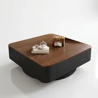 Table basse carrée en bois durable au design européen moderne, base de rangement noire, coins arrondis, structure métallique pour salon et bureau