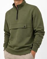 Sweat-shirt en molleton pour homme, vert olive, col montant, fermeture éclair quart, coupe classique, couleur unie, avec poche, style automne