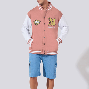 Factory Wholesale OEM High Quality <b>Men's</b> Pink White Varsity <b>Jacket</b> <b>Leather</b> Sleeve Baseball Letterman Regular Fit <b>Men's</b> <b>Jacket</b> - Product Image 4