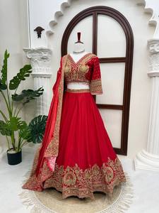 <b>Red</b> Embroidered <b>Lehenga</b> Set Velvet Ethnic Bottomwear Dupatta Wedding Festival Wear - Product Image 4