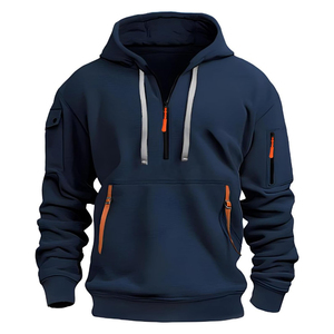 Sweat-shirt à capuche bleu marine à demi-zip, coupe classique, couleur unie, pull décontracté avec poches, en polyester tricoté - Product Image 1