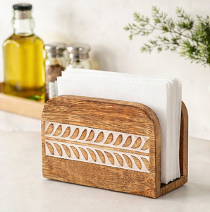 Handcrafted Mango Wood Napkin Holder With Elegant White Carving Inlay Upright Rustic Farmhouse <b>Tissue</b> Stand For Dining Tableware - Product Image 6