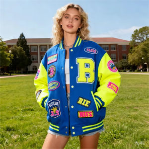 Blouson Bomber Universitaire Femme en Laine Brodé avec Patchs, Imprimé et Assorti, Style Streetwear, Veste Letterman OEM - Product Image 1