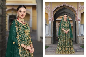 Robe Anarkali de mariée verte, lourdement brodée, avec voile, longueur ras du sol, pour femmes, idéale pour les mariages et les fêtes - Product Image 4