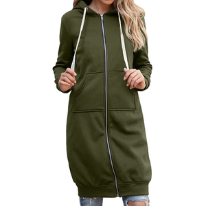 Women's Olive Green <b>Long</b> <b>Hoodie</b> <b>Dress</b> Full Zip Up with Kangaroo Pocket and Drawstring - Product Image 1