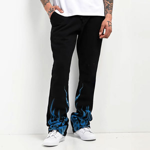 Pantalones Deportivos de Pierna Recta Negros para Hombre con Estampado de Llamas Azules, Cintura Elástica, Estilo Urbano, Transpirables, de Algodón - Product Image 1