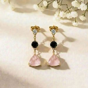 <b>Rose</b> Quartz & <b>Black</b> Obsidian Drop Earrings Trillion Cut <b>Rose</b> Quartz Round Faceted <b>Black</b> Obsidian Studs With CZ Accent Handmade - Product Image 4