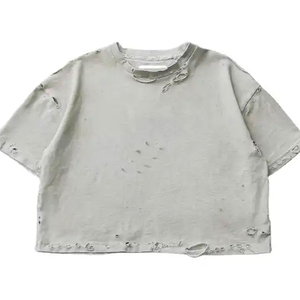 New Best Fashion Heavyweight 100% Cotton Men's Distressed T-Shirts Custom Design Half Sleeve Distressed <b>Clothes</b> Long Length - Product Image 5