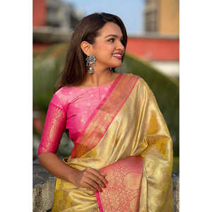Sari Leheriya en soie Kanjivaram jaune, tissu doux, tissage Zari traditionnel, vêtements indiens et pakistanais, Elite Weaves 0.6g - Product Image 2