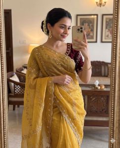Sari en organza sergé pur et doux, brodé à la main, avec chemisier en satin épais, pour femme, idéal pour les fêtes et mariages, tenue ethnique traditionnelle de créateur moderne - Product Image 1
