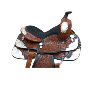 Selle de baril en cuir marron DD, assise souple, motif floral, style western, pour course de chevaux, avec arceau en plastique et motifs en métal argenté, 10-18 pouces - Product Image 3