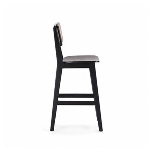 Mid-Century Modern Rattan Counter <b>Stool</b> with Wooden Chair Legs, Black Frame, Cane Seat and Back for Kitchen Island Home Bar Use - Product Image 5