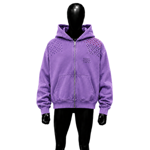 Sudadera con capucha morada extragrande para hombre con cremallera, diseño abstracto de cruz, forro polar lavado, estampado de puntos de algodón, corte regular - Product Image 1