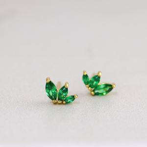 <b>Silver</b> 10K <b>Solid</b> Gold Tiny Emerald Marquise Stud <b>Earrings</b> Trio Gemstone Dainty May Birthstone Minimalist Wedding IGI Certified - Product Image 2