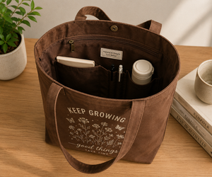 Keep Growing <b>Canvas</b> <b>Tote</b> Bag 35cm x 25cm Magnetic Snap Closure Brown Printing Design for Daily Use Shopping - Product Image 5