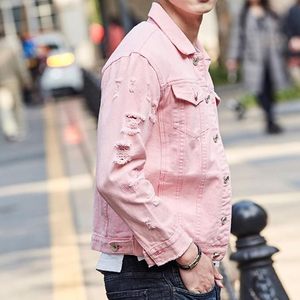 Men's Pink Denim Jacket Casual Button Front Solid Color Ripped Washed Regular Fit Breathable Windproof Eco-Friendly Spring - Product Image 4