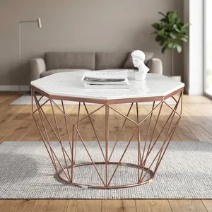 Modern <b>Marble</b> Look Coffee <b>Table</b> Metal Frame Center <b>Table</b> White Top Copper Finish For Living Room Center <b>Table</b> For Cafeteria - Product Image 3