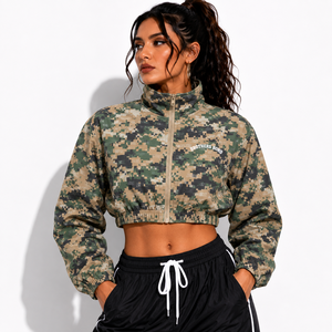 Chaqueta corta de camuflaje para mujer al por mayor, con estampado de camuflaje naranja, con cremallera, top corto deportivo, abrigo ligero para correr - Product Image 3