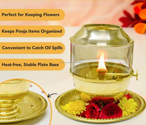 Lampe à huile en laiton pur Akhand Jyot Diya avec couvercle en verre et plateau intégré, longue durée de combustion, pour la maison, le bureau, la Puja, l'Aarti, le temple et la méditation - Product Image 5