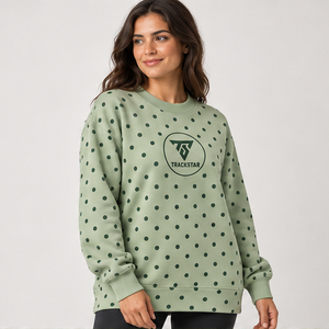 Women's Sage <b>Crewneck</b> Sweatshirt with Forest Green Allover Polka Dots Long Sleeve Custom Logo - Product Image 4