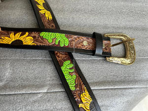 Hecho a mano de cuero genuino Floral girasol mano Tooled Jeans cinturón occidental de cuero de grano completo Cactus pintado hombres y mujeres cinturones - Product Image 3