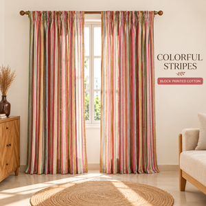 <b>Colourful</b> Striped Cotton Curtains | Hand <b>Block</b> Printed Rod Pocket Drapes | Lightweight Window Panels for Living Rooms Boho Decor - Product Image 3
