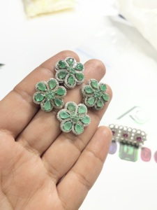 Genuine Emerald and Diamond Flower <b>Silver</b> <b>Stud</b> Earrings 92.5 Sterling <b>Silver</b> Earring - Product Image 1