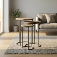 Tables basses gigognes modernes minimalistes en métal noir avec plateau en bois et fer pour salon et mobilier de maison