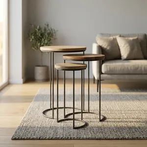 Modern Nested Wood Side <b>Tables</b> Minimalist Design Black Metal Frame Living Room Furniture Wooden iron <b>Nesting</b> <b>set</b> - Product Image 3