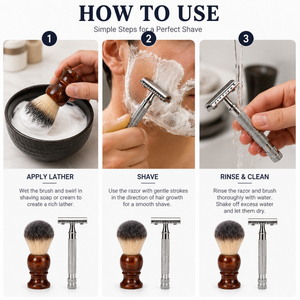 Pinceau à raser avec manche en bois et rasoir à double lame en acier inoxydable, ensemble de rasage manuel pour le visage pour hommes - Product Image 4