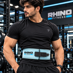 Ceinture de soutien lombaire ajustable en cuir bleu clair Rhino Fitness pour la protection professionnelle et la compression de la taille en salle de sport - Product Image 4