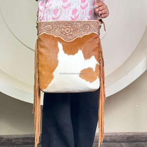 Bolso bandolera de cuero con flecos para mujer, bolso cruzado de cuero de vaca genuino de gran capacidad, diseño Floral, para mujer - Product Image 5