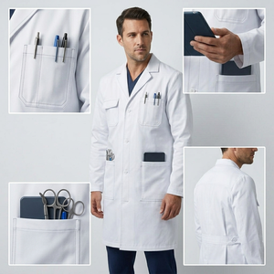 เสื้อกาวน์แพทย์ผู้ชายแบบยาว ผ้าทอ โพลีเอสเตอร์ผสมคอตตอน ทรงปกติ - Product Image 4