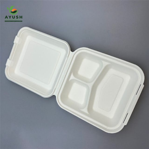 Contenedores desechables de bagazo tipo clamshell de 6x6 - 9x9 pulgadas con tapa, ideales para servicio de entrega de almuerzos saludables en la oficina. - Product Image 5