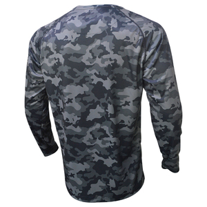 Maillots de pêche à col rond en polyester et élasthanne 100 % avec motif camouflage noir, sublimation intégrale unique, protection solaire UPF 50+, toutes tailles - Product Image 2