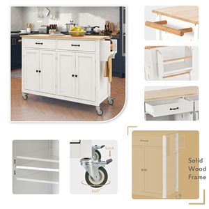 Carrello da Cucina con Piano in Legno Massello da 54,3 Pollici, Ruote Bloccabili, Armadietto a 4 Ante, Due Cassetti, Portaspezie e Portasciugamani - Product Image 4
