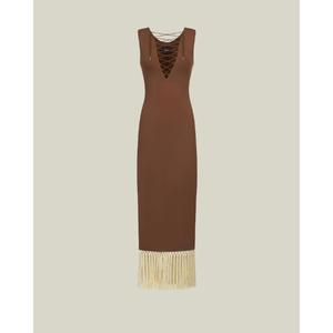 Vestido de Noche Marrón con Cuello Cruzado y Flecos, Sin Mangas, Hasta la Rodilla, de Tela Satén Transpirable, Precio al por Mayor - Product Image 5