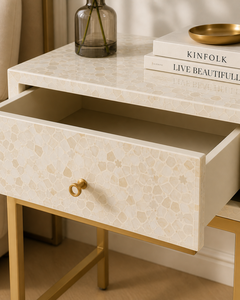 White Bone Inlay Nightstand Gold Metal Legs Accent <b>Side</b> Table Antique <b>Drawer</b> Bedside Cabinet for Bedroom Hotel - Product Image 5