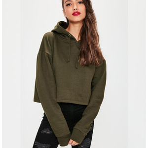 Women Olive <b>Green</b> <b>Cropped</b> Hoodie Pullover Long Sleeve Hooded Sweatshirt Solid Color Knitted Cotton Casual <b>Top</b> Autumn Wear - Product Image 3