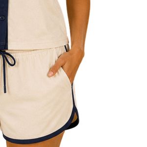 Ivory And Navy Women Two Piece Shorts Set Square Neck Button <b>Top</b> Custom Logo Print Casual Summer Cotton Lounge Wear Outfit OEM - Product Image 3