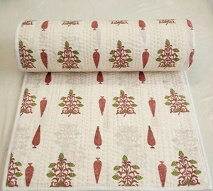 Hand Block Printed 100% Cotton Traditional Kantha <b>Quilt</b> Reversible Floral Design All-Season Neutral Style Home <b>Bedding</b> 60x90 - Product Image 5