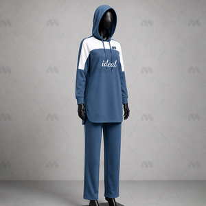 M.H. Chándal con Capucha para Mujer, Diseño Internacional, Azul y Blanco con Bloques de Color, Manga Larga, Corte Holgado, Informal, para Otoño, 100% - Product Image 5