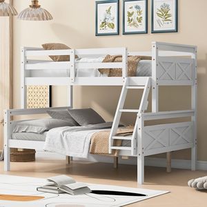 Letto a castello bianco con letto singolo sopra e letto matrimoniale, con scaletta e ringhiera di sicurezza per camera da letto - Product Image 1