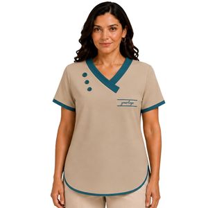 T-shirt asymétrique beige sable pour femme à col en V et manches courtes, avec bordure contrastante turquoise et détails boutonnés, personnalisable avec logo, vêtements décontractés en gros - Product Image 1
