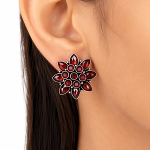 Vintage Flower <b>Stud</b> <b>Earrings</b> Red <b>Crystal</b> Rhinestone Marquise Cut Antique Silver Plated Women's Party Jewelry - Product Image 2